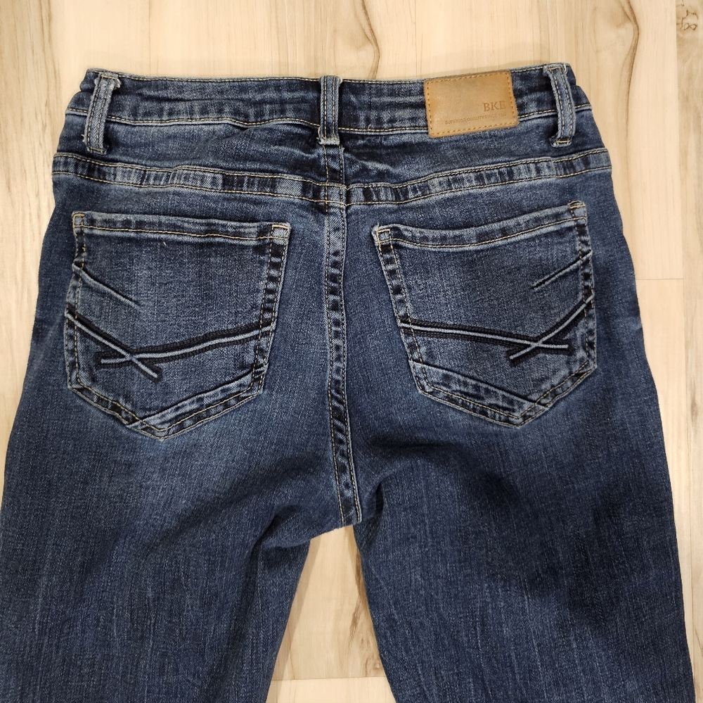 Buckle BKE Stella Straight Leg Jeans 25 Distressed Dark Stretch Denim 32" Inseam